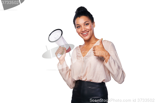 Image of Woman hold loudspeaker