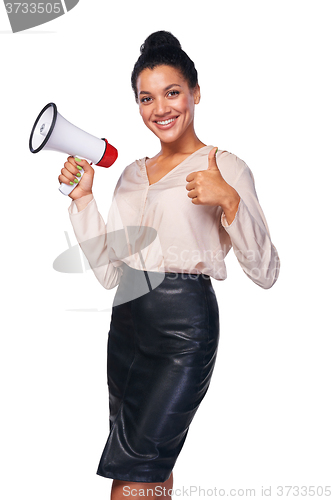 Image of Woman hold loudspeaker