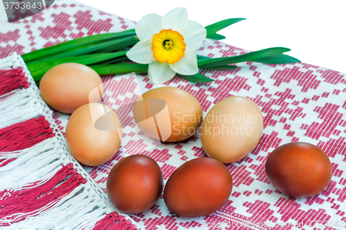 Image of Easter: colored Easter eggs on the beautiful cloth.