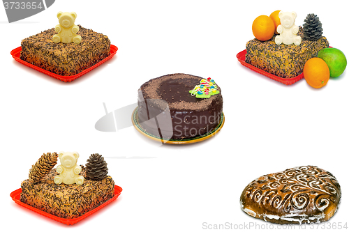 Image of Chocolate cake and fruit on white background ( collage ).