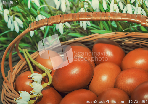 Image of Easter eggs in a wicker basket and snowdrops.