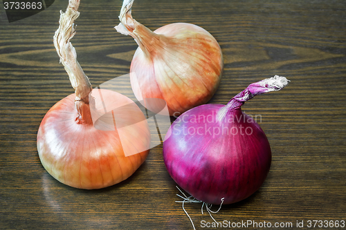 Image of Still life: three large onions on the table.