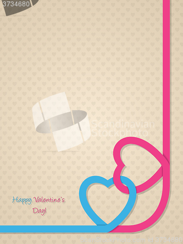 Image of Valentine\'s day greeting with pink and blue heart ribbon