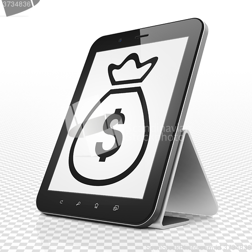 Image of Currency concept: Tablet Computer with Money Bag on display