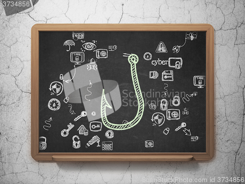 Image of Protection concept: Fishing Hook on School Board background