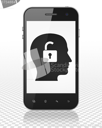 Image of Finance concept: Smartphone with Head With Padlock on display