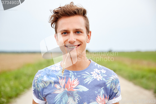 Image of smiling young hippie man on country road