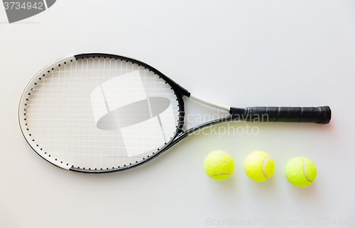 Image of close up of tennis racket with balls