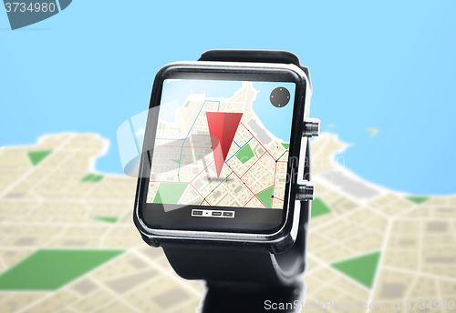 Image of close up of smartwatch with navigator map