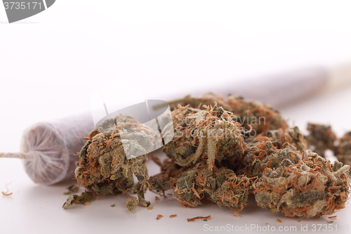 Image of Close up of dried marijuana leaves and joint