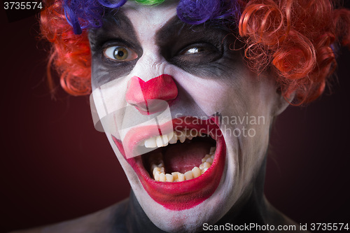 Image of Evil Spooky Clown Portrait on dark background. expressive man