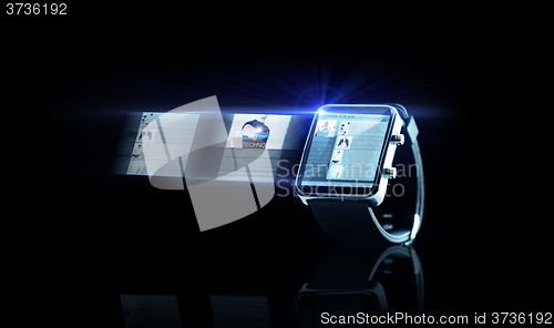 Image of close up of black smart watch with web page