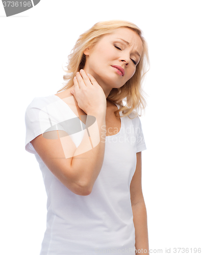 Image of unhappy woman suffering from neck pain