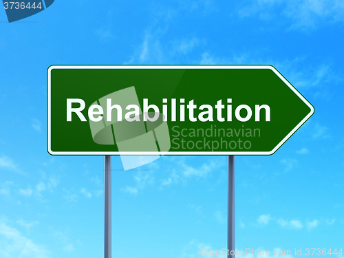 Image of Healthcare concept: Rehabilitation on road sign background