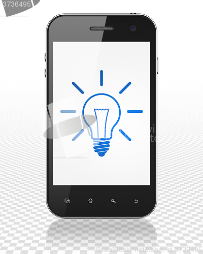 Image of Finance concept: Smartphone with Light Bulb on display