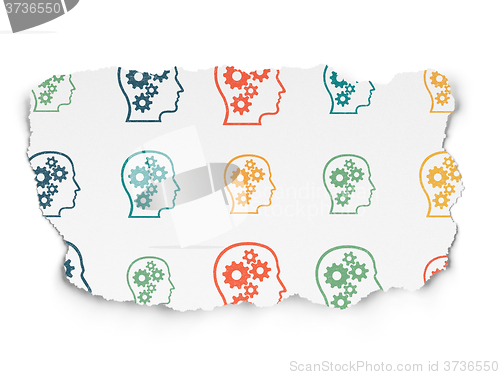 Image of Marketing concept: Head With Gears icons on Torn Paper background