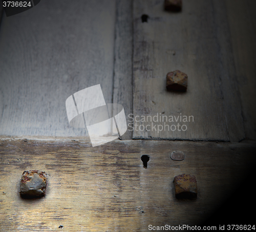 Image of in london antique brown door  rusty  brass nail and light