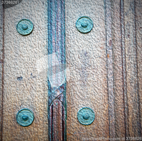 Image of in london antique brown door  rusty  brass nail and light