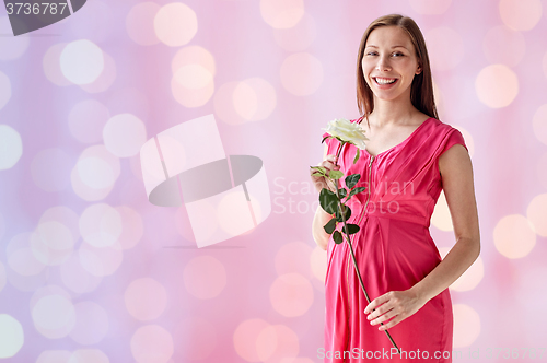 Image of happy pregnant woman with rose flower