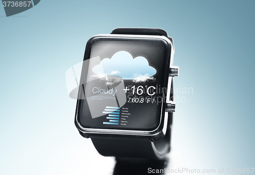 Image of close up of black smart watch with weather app