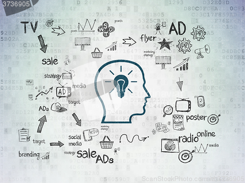 Image of Advertising concept: Head With Lightbulb on Digital Paper background