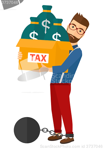 Image of Chained man with bags full of taxes. 