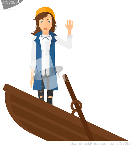 Image of Business woman standing in sinking boat.