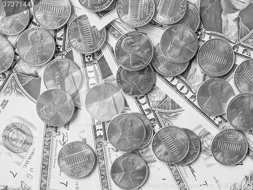 Image of Black and white Dollar coins and notes