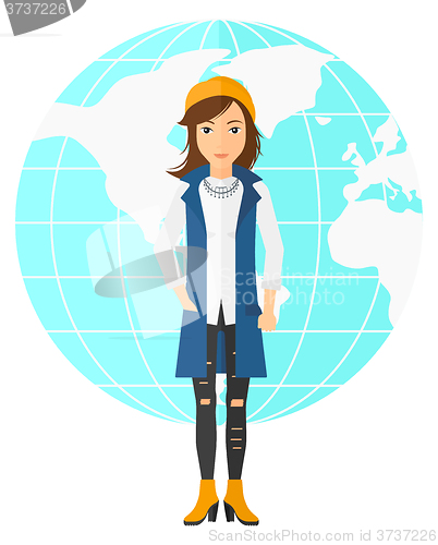 Image of Business woman standing on globe background.