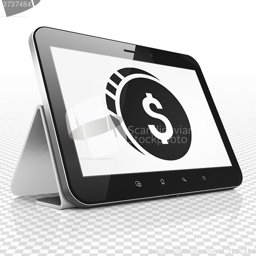 Image of Banking concept: Tablet Computer with Dollar Coin on display