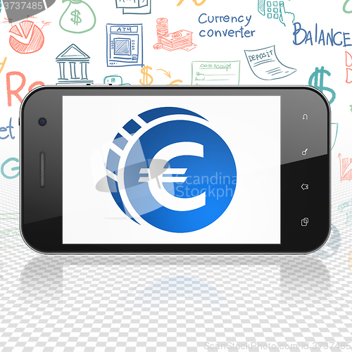 Image of Banking concept: Smartphone with Euro Coin on display