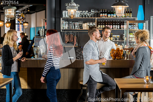 Image of Friends Talking While Having Their Drinks In Bar