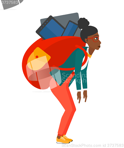 Image of Woman with backpack full of devices.