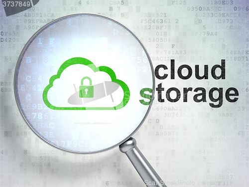 Image of Cloud technology concept: Cloud With Padlock and Cloud Storage with optical glass