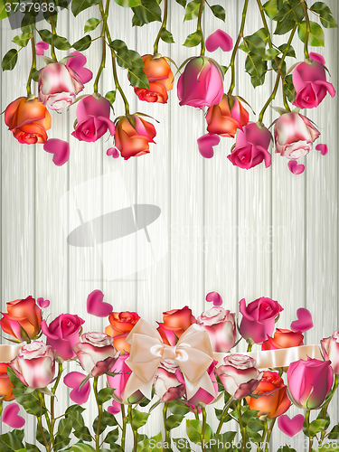 Image of Roses and a hearts on wooden board. EPS 10