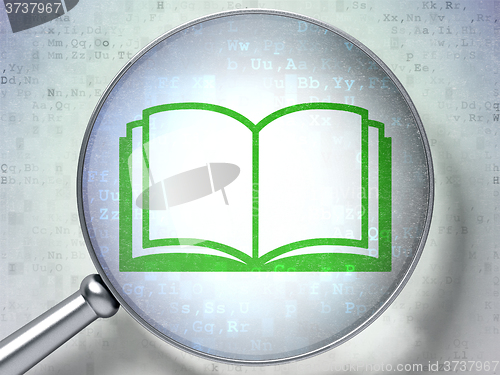 Image of Studying concept: Book with optical glass on digital background