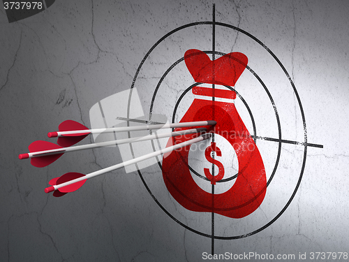 Image of Finance concept: arrows in Money Bag target on wall background