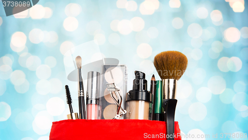 Image of close up of cosmetic bag with makeup stuff