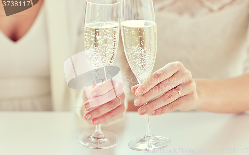 Image of close up of lesbian couple with champagne glasses