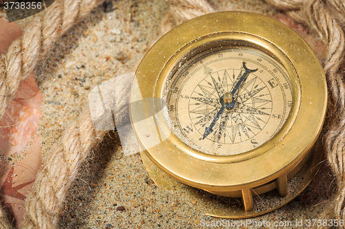 Image of set of nautical instruments, lying on the sand and old map. concept adventure