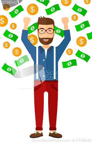 Image of Happy man with  flying money. 