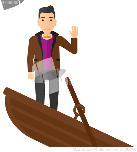 Image of Businessman standing in sinking boat.