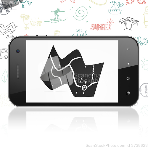 Image of Tourism concept: Smartphone with Map on display