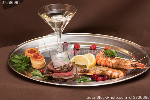 Image of Grilled shrimps and beef meat 