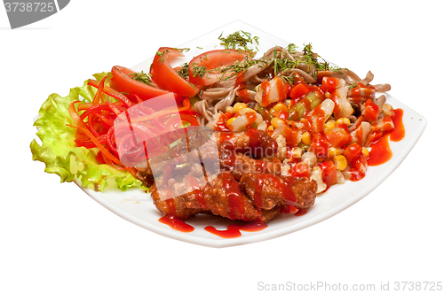 Image of chinese noodles with roasted meat and vegetables