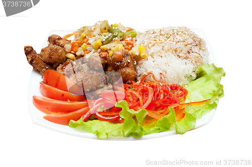 Image of rice with roasted meat and vegetables