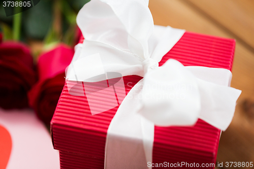 Image of close up of red gift box with white bow