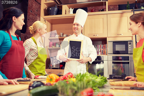 Image of happy women and chef cook with menu in kitchen