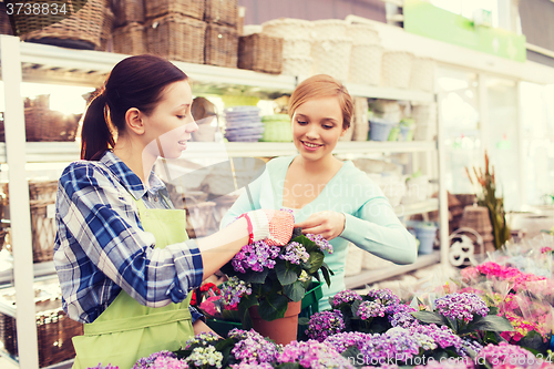 Image of happy women choosing flowers in greenhouse