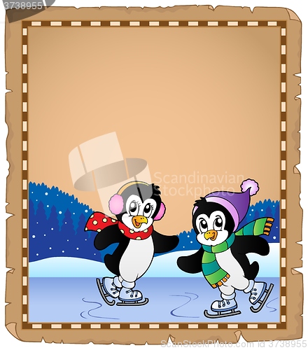 Image of Parchment with ice skating penguins